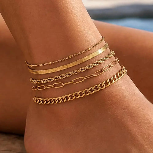 5-Piece Gold-Plated Anklet Set